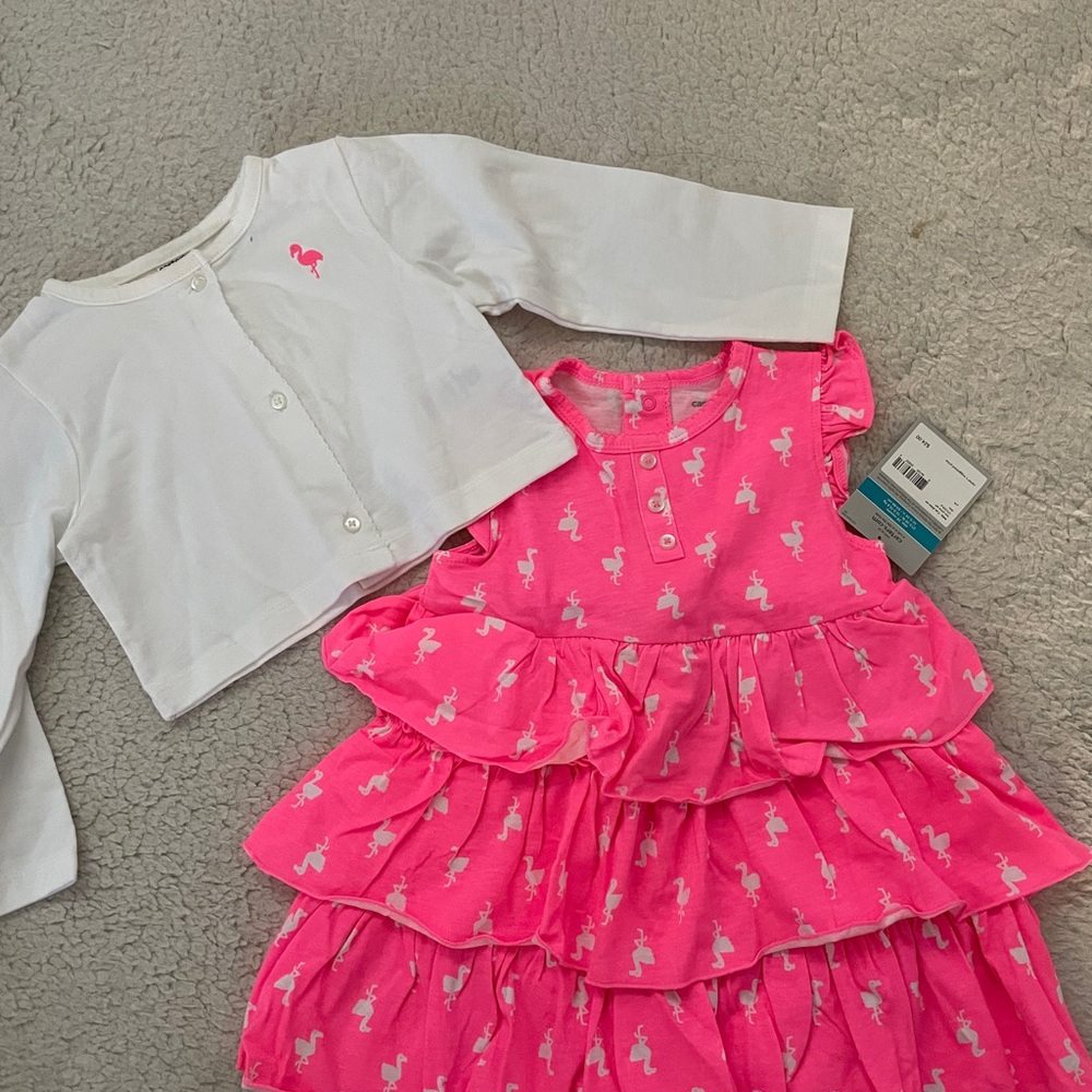 Pink Flamingo Dress with White Cardigan